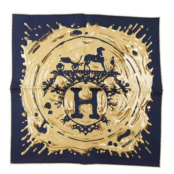 HERMES Gavroche Scarf Freshly Painted Size 45 Silk100% Blue Noir/Bronze H892685S - Picture 1 of 4